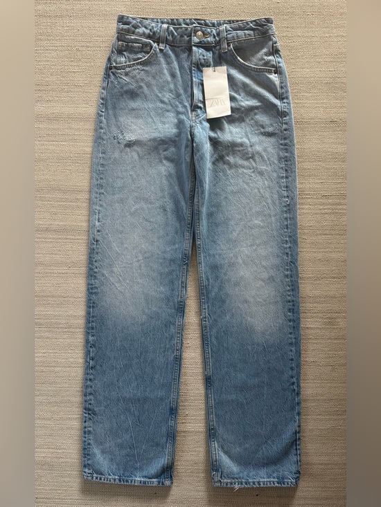 Zara Denim - Zara blue high rise straight leg distressed button fly jeans women’s size 0 NWT